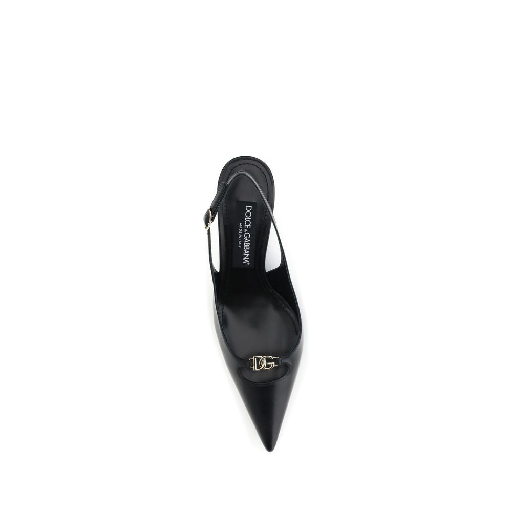 Top view of Dolce & Gabbana Black Goatskin High Heel Pumps with gold D&G logo and adjustable strap, showcasing elegance and style.