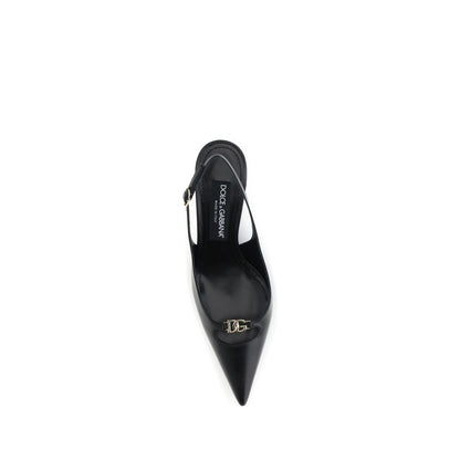 Top view of Dolce & Gabbana Black Goatskin High Heel Pumps with gold D&G logo and adjustable strap, showcasing elegance and style.