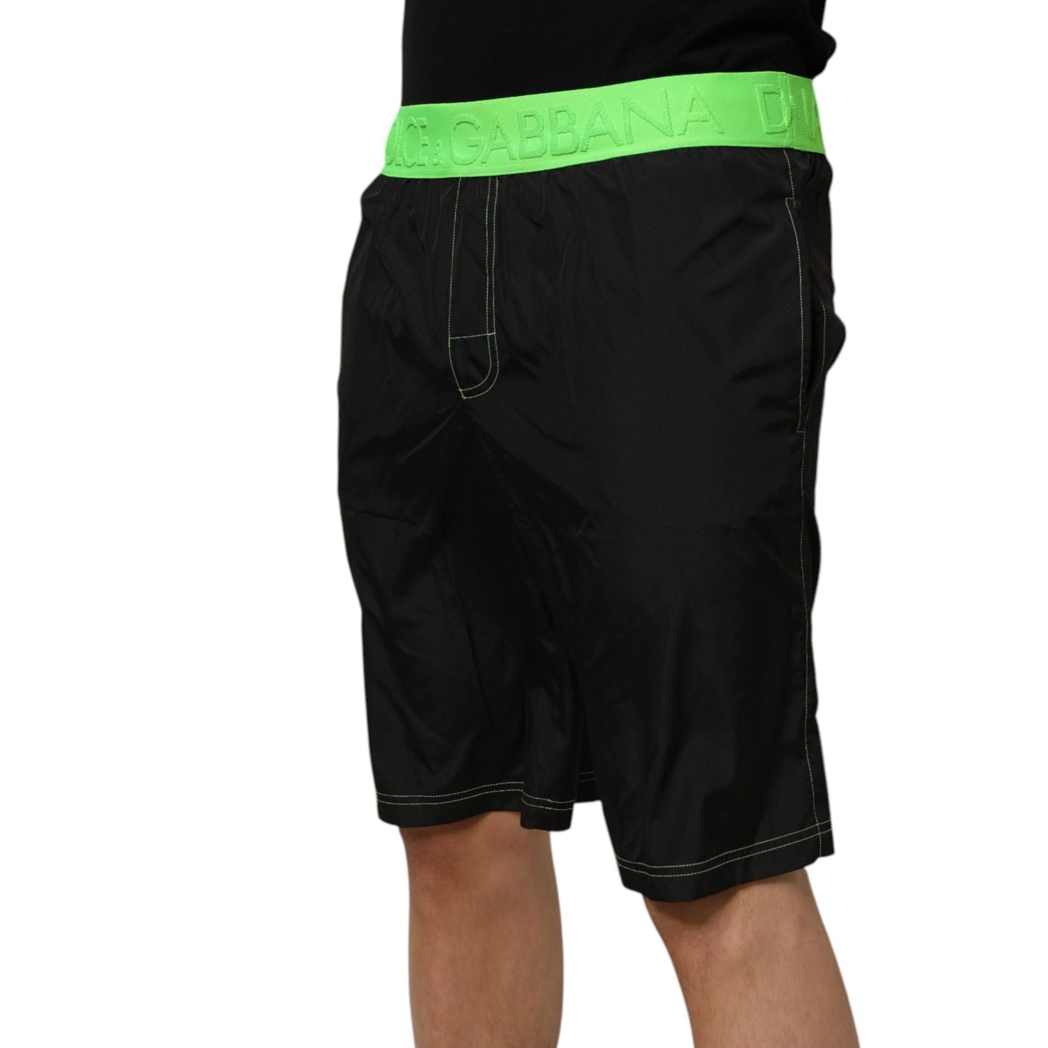 Dolce & Gabbana Black Green Logo Waistband Beachwear Short Swimwear