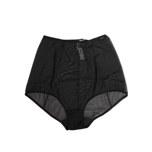 Dolce & Gabbana Black High Waist Mesh Sheer Shapewear Underwear with logo details, made in Italy, showcased against white background.
