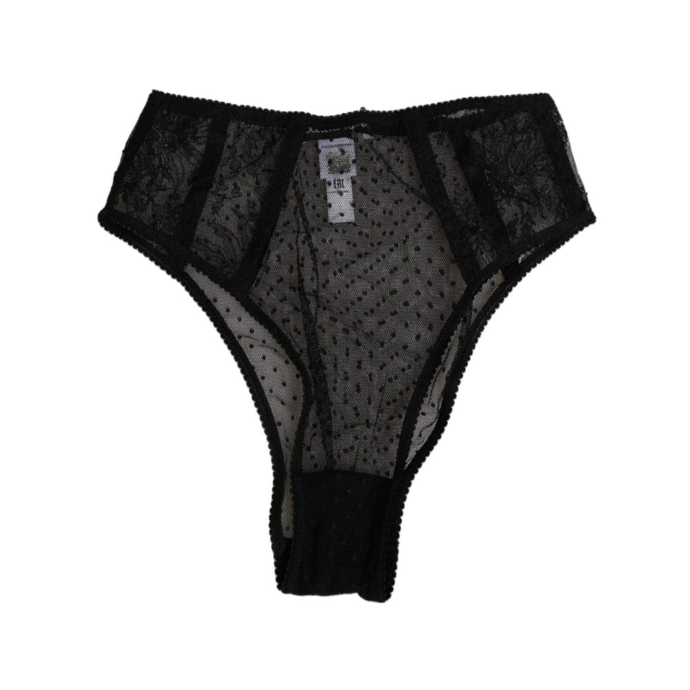 Dolce & Gabbana Black Lace Polka Dot Mesh High Waist Underwear with sheer design and delicate lace accents, showcasing Italian craftsmanship.