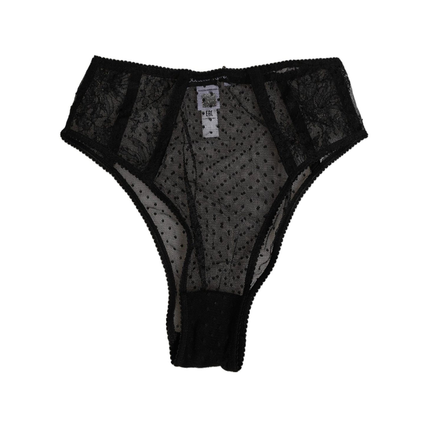 Dolce & Gabbana Black Lace Polka Dot Mesh High Waist Underwear with sheer design and delicate lace accents, showcasing Italian craftsmanship.