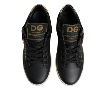 Dolce & Gabbana Black Leather Gold Red Heart Sneakers Shoes