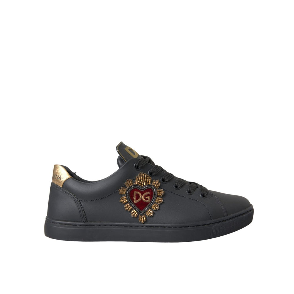 Dolce & Gabbana Black Leather Heart Embellished Sneakers Shoes, low-top, calf leather, rubber sole, multicolored heart details, luxury fashion.