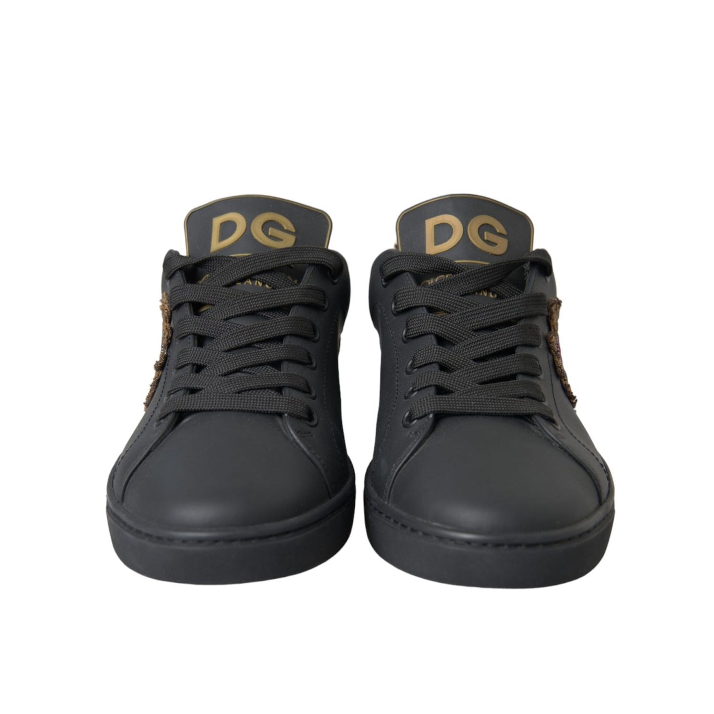 Dolce & Gabbana Black Leather Heart Embellished Sneakers Shoes front view with DG logo on tongue.