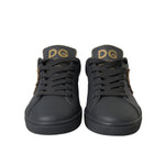 Dolce & Gabbana Black Leather Heart Embellished Sneakers Shoes front view with DG logo on tongue.