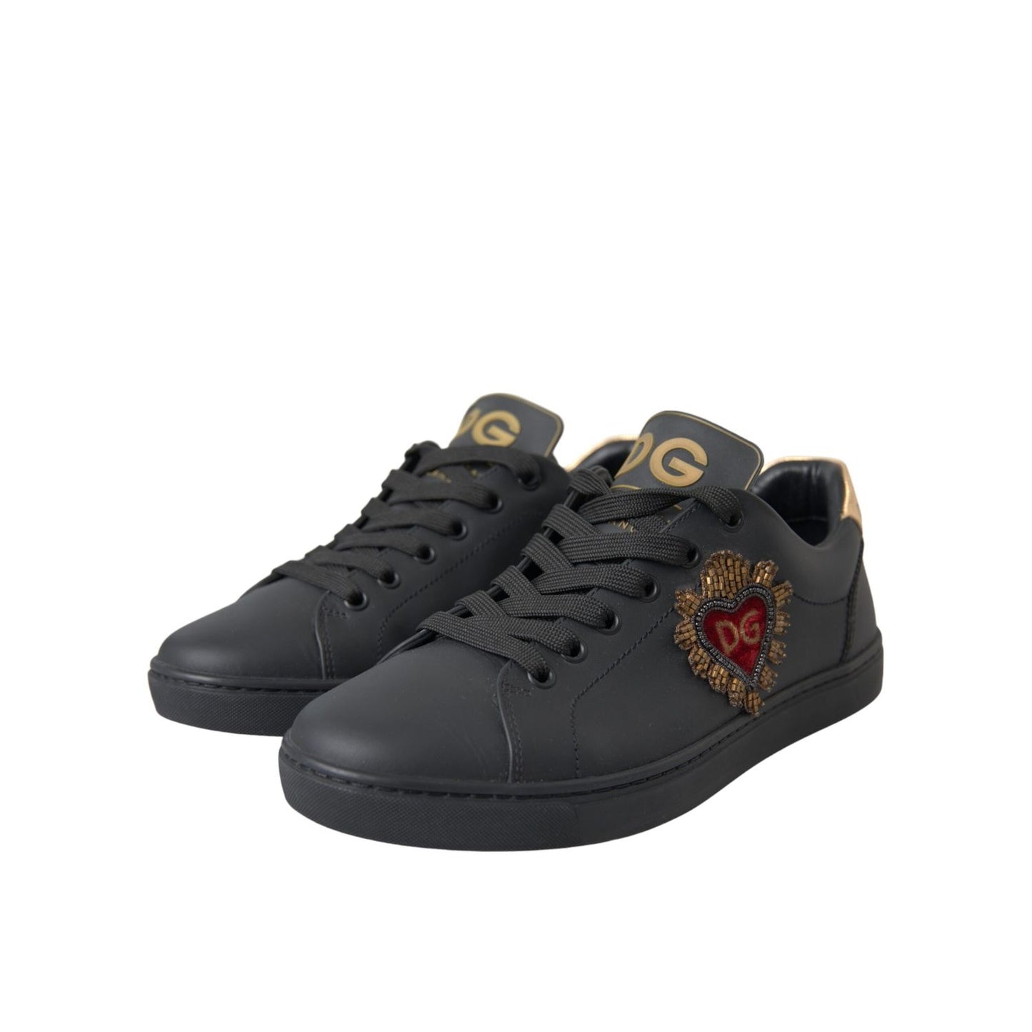 Dolce & Gabbana Black Leather Heart Embellished Sneakers Shoes featuring gold DG logo and heart design.
