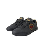 Dolce & Gabbana Black Leather Heart Embellished Sneakers Shoes featuring gold DG logo and heart design.