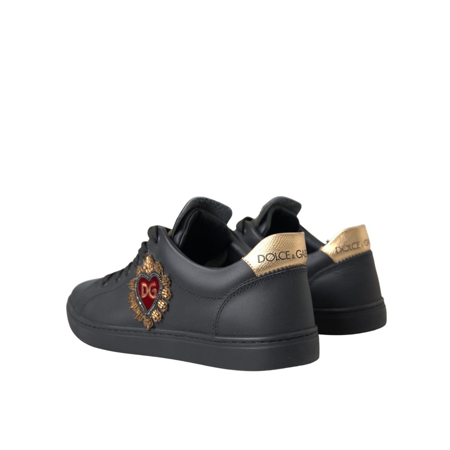 Dolce & Gabbana Black Leather Heart Embellished Sneakers Shoes, low-top design with multicolored details, luxury calf leather, logo accents.