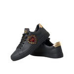 Dolce & Gabbana Black Leather Heart Embellished Sneakers Shoes with gold logo, lace-up design, made in Italy, showing intricate heart detail.