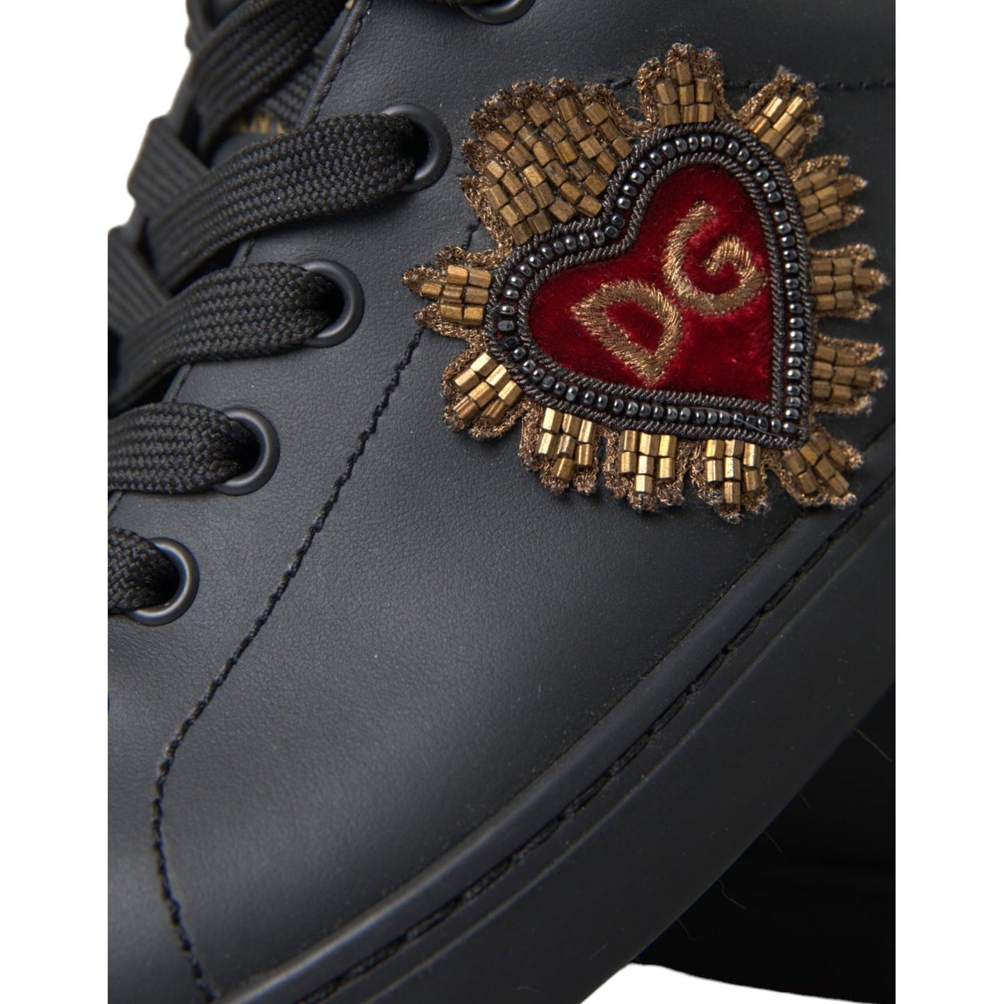 Dolce & Gabbana Black Leather Heart Embellished Sneakers Shoes with gold bead detailing and red velvet heart motif.