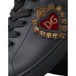 Dolce & Gabbana Black Leather Heart Embellished Sneakers Shoes with gold bead detailing and red velvet heart motif.