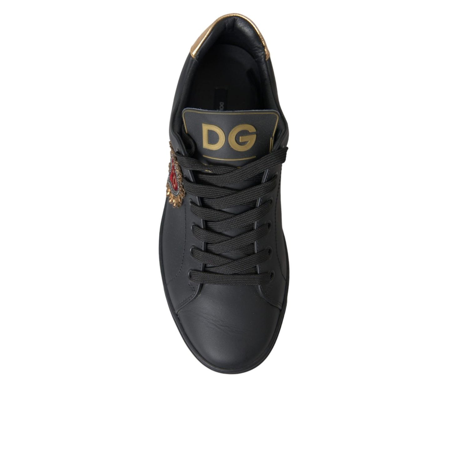 Top view of Dolce & Gabbana Black Leather Heart Embellished Sneakers Shoes with lace-up design and DG logo