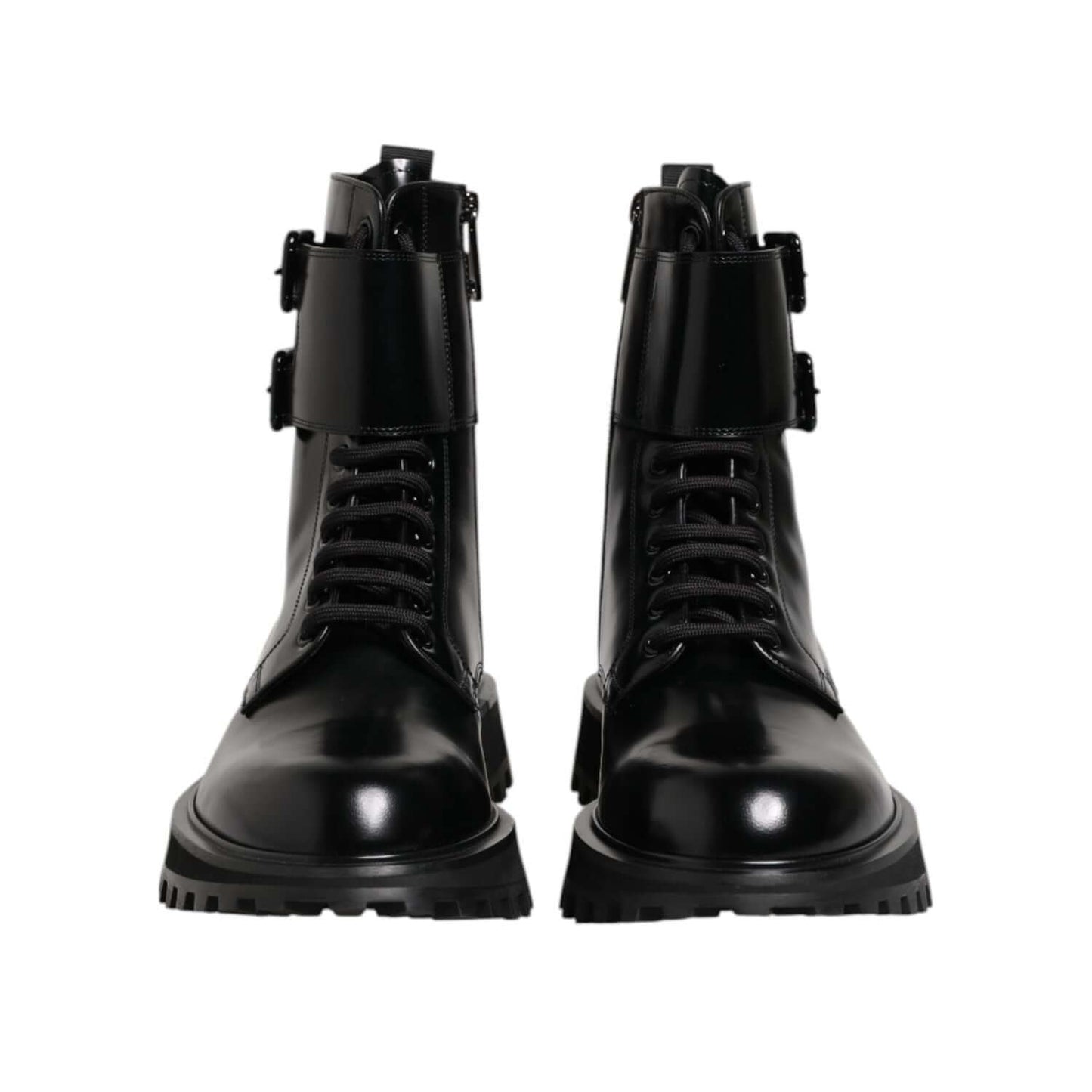 Dolce & Gabbana Black Leather Lace Up Mid Calf Boots Shoes with logo details, showcasing Italian craftsmanship and exclusive design.
