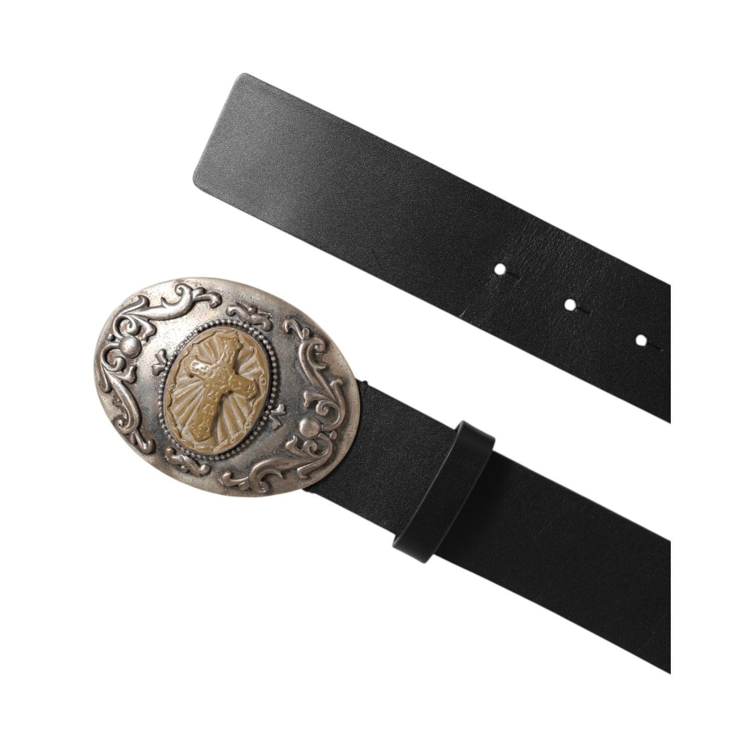 Dolce & Gabbana Black Leather Ornate Metal Buckle Men Belt
