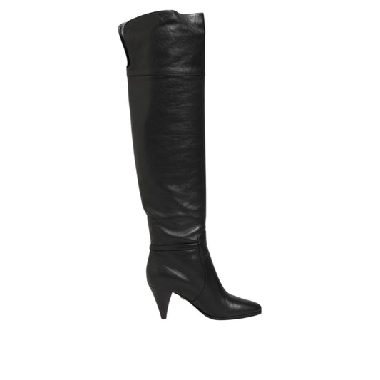 Dolce & Gabbana Black Leather Over-The-Knee DG Boots  Shoes featuring pointed toe and gold-tone hardware