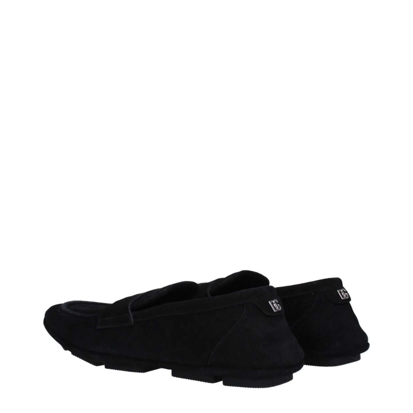 Dolce & Gabbana Black Leather Slip-On Loafers with back logo, casual style, rubber sole, round toe, low flat heel.