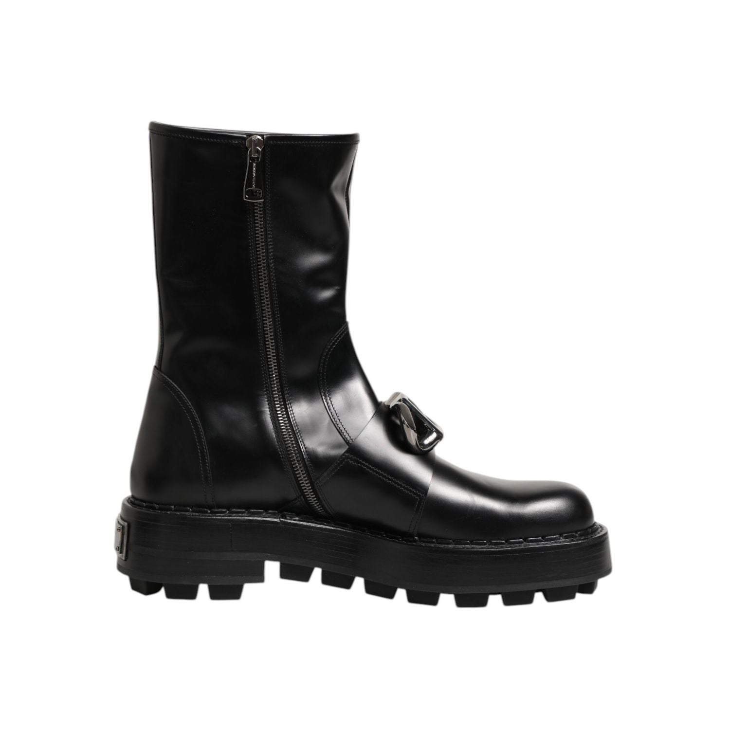 Dolce & Gabbana Black Logo Plaque Mid Calf Biker Boots Shoes