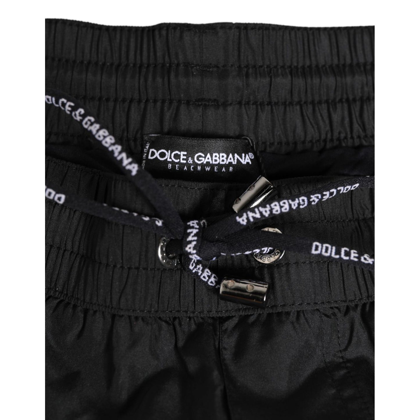 Dolce & Gabbana Black Nylon KING Sideband Men Boxer Shorts Swimwear with elastic waistband and drawstring detail.