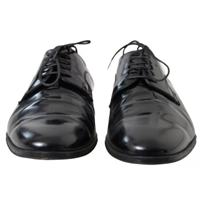 Dolce & Gabbana Black Polished Leather Formal Dress Shoes with laces, slightly preowned, authentic Italian craftsmanship