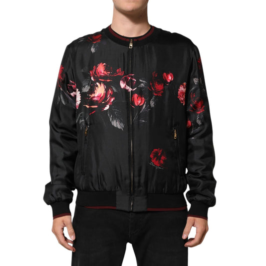 Dolce & Gabbana Black Red Floral Silk Bomber Blouson Jacket