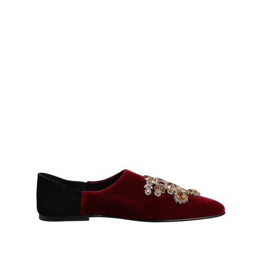 Dolce & Gabbana Black Red Velvet Embellished Slip On Shoes MV7569-45