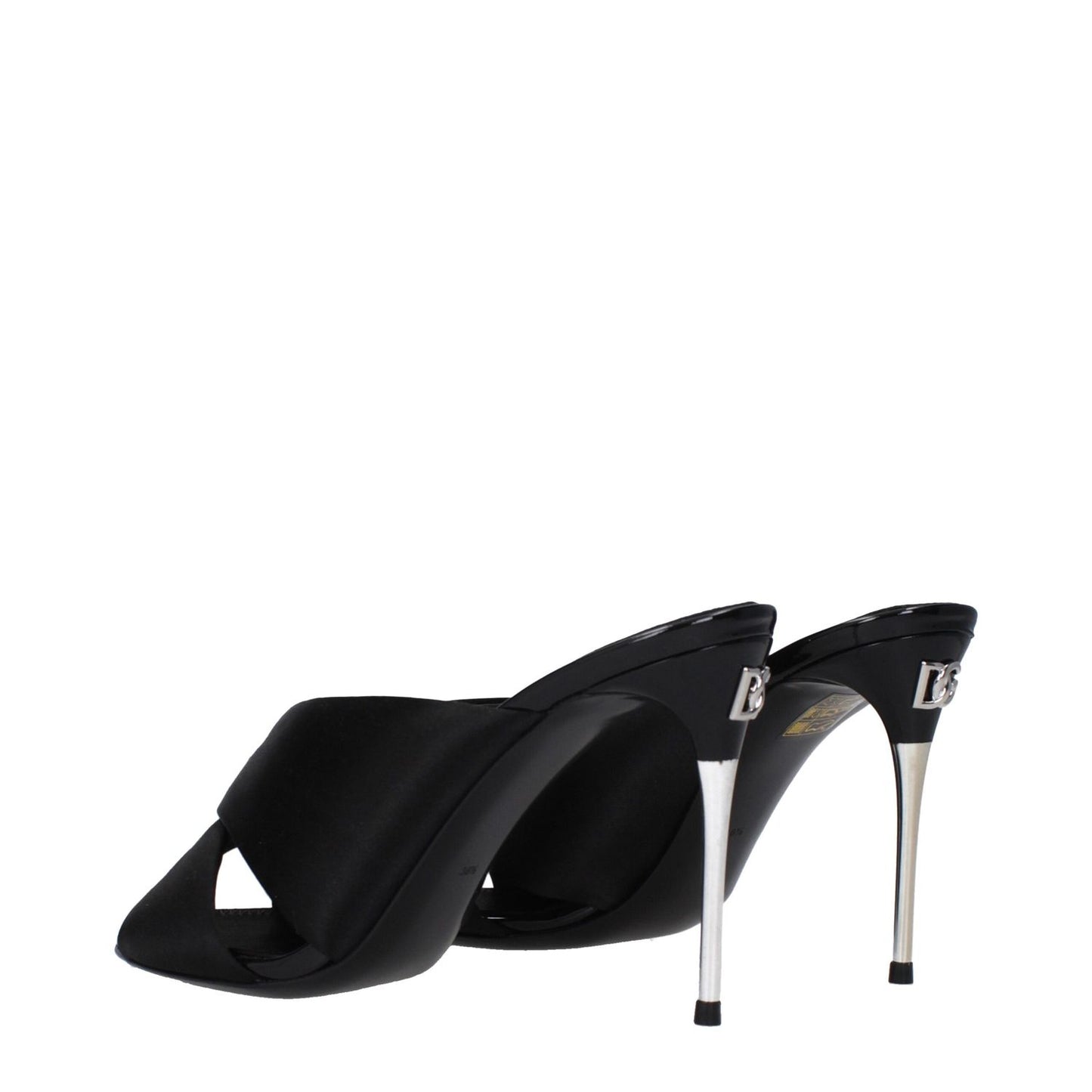 Dolce & Gabbana Black Satin Stiletto Heel Sandals with leather sole and open toe design.