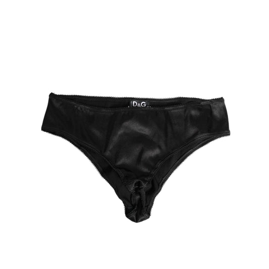 Dolce & Gabbana Black Satin Stretch Slip Brief Women Underwear, luxury silk blend, glossy black finish, elegant and comfortable.