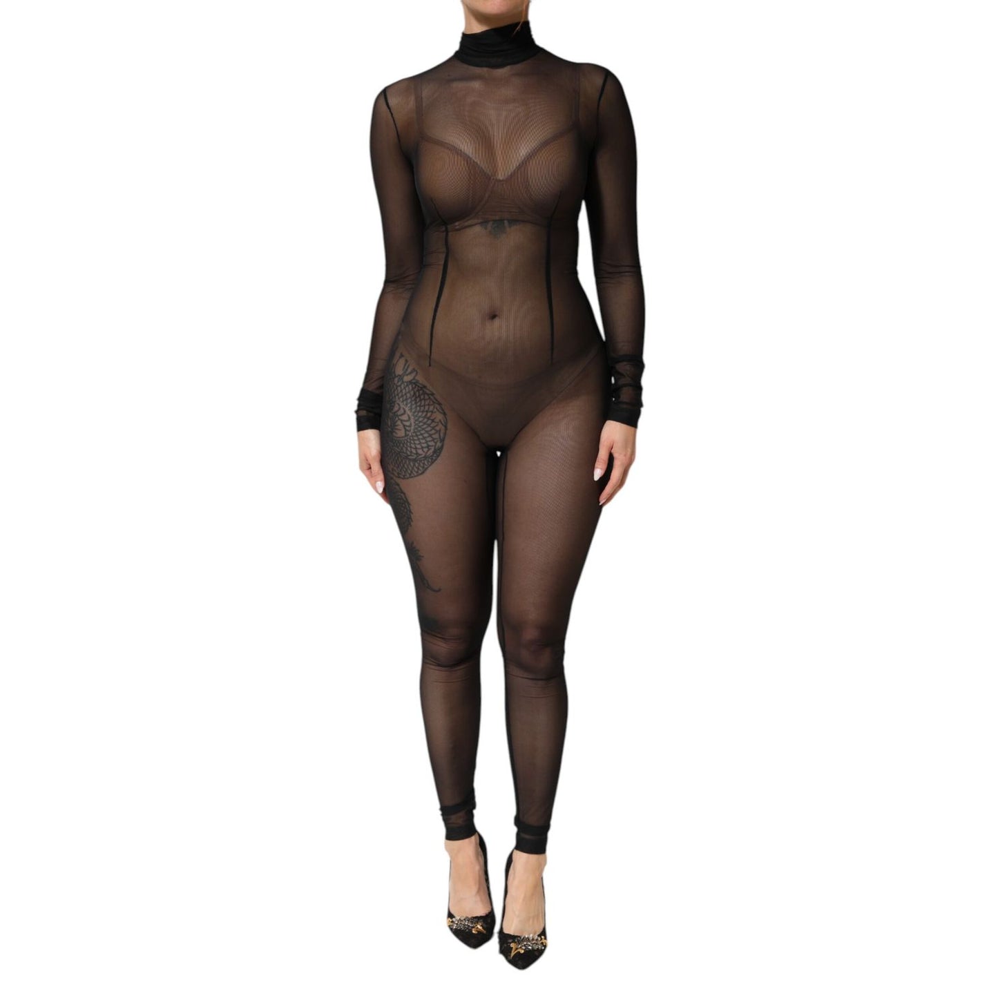 Dolce & Gabbana Black Sheer Mesh Long Sleeve Jumpsuit Bodysuit Dress