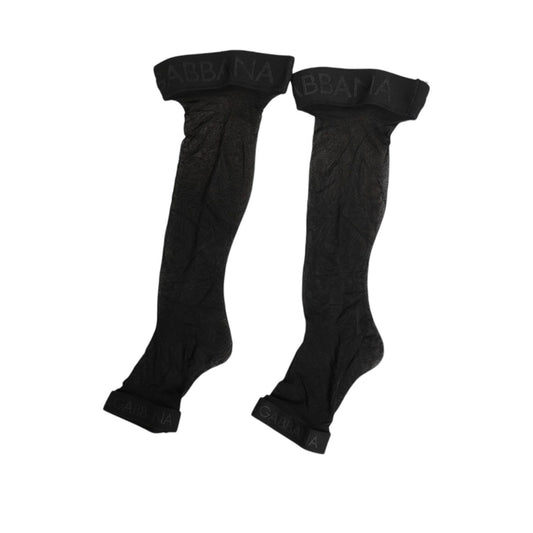 Dolce & Gabbana Black Sheer Nylon Logo Band Over-the-Knee Stocking Socks, featuring a transparent nylon body and branded elastic waistband.