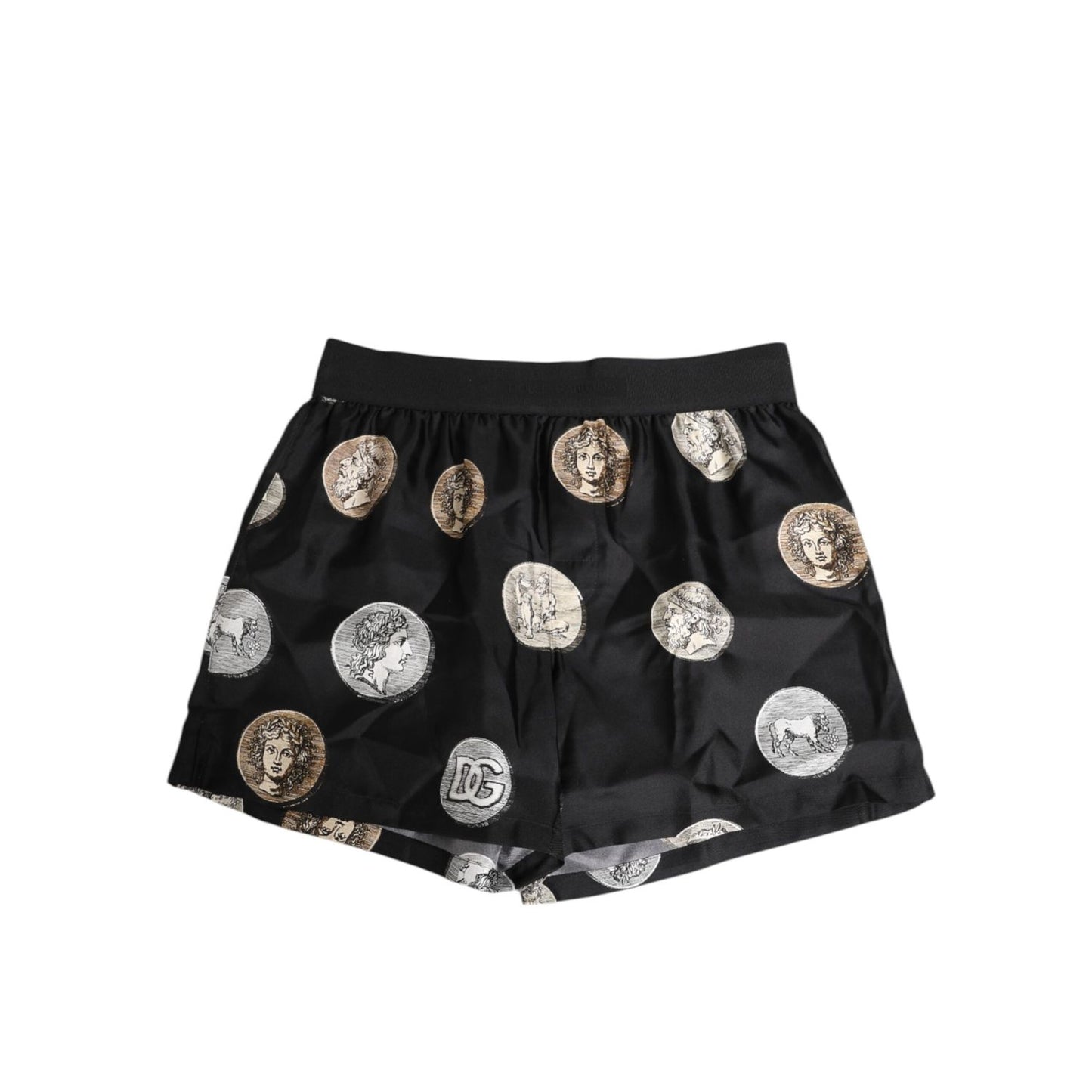 Dolce & Gabbana Black Silk Ancient Coin Print Boxer Short Swimwear, featuring elegant coin design on lightweight fabric.