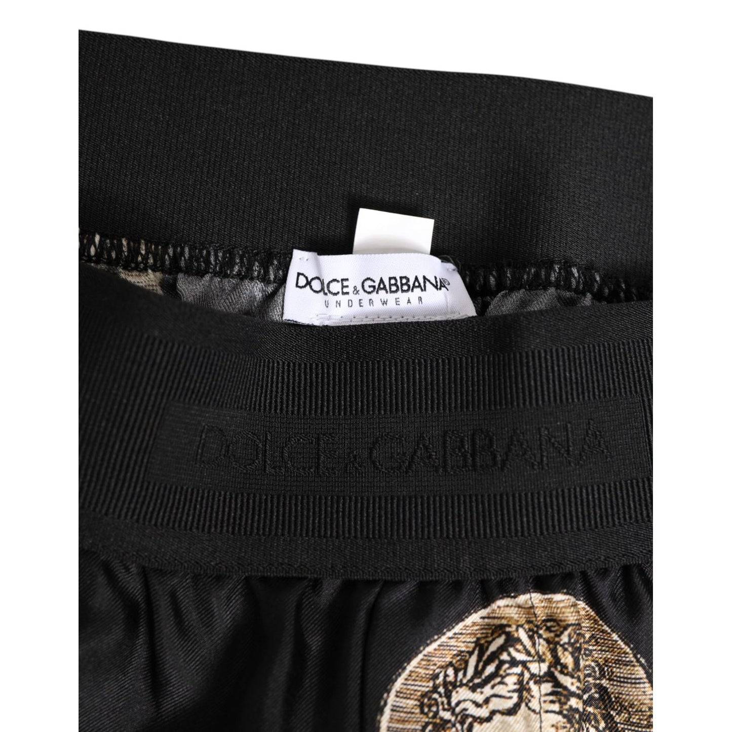 Dolce & Gabbana Black Silk Ancient Coin Print Boxer Short Swimwear waistband detail