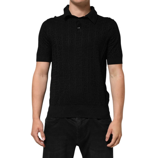 Dolce & Gabbana Black Silk Jacquard DG Polo Shirt T-shirt THS90427-50