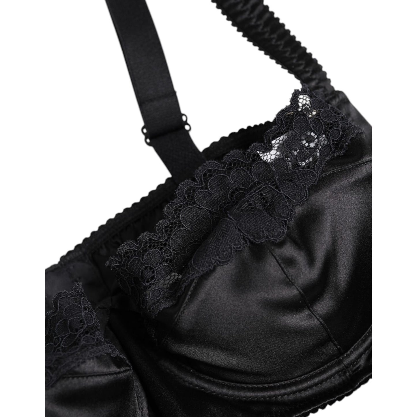 Dolce & Gabbana Black Silk Underwired Balconette Bra Underwear with lace detail and four hook closure, luxurious and comfortable fit.