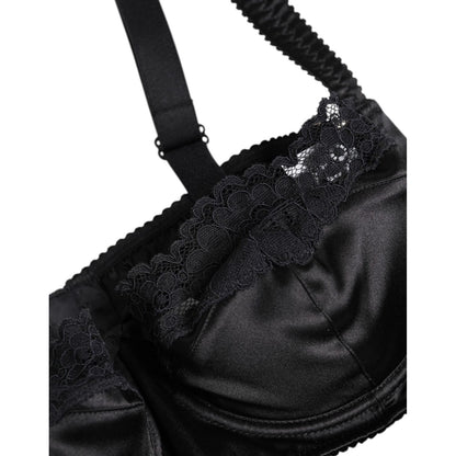 Dolce & Gabbana Black Silk Underwired Balconette Bra Underwear with lace detail and four hook closure, luxurious and comfortable fit.