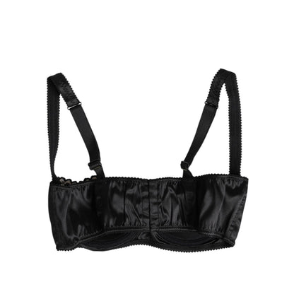 Dolce & Gabbana Black Silk Underwired Balconette Bra Underwear with four hook closure and logo details, ensuring great fit and comfort.