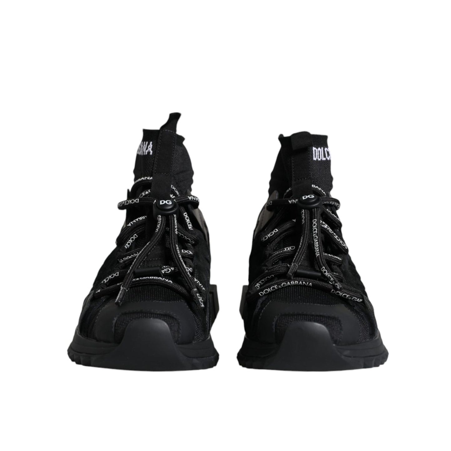Dolce & Gabbana Black Sorrento Socks Logo Sneakers Shoes; front view of exclusive black sock-style sneakers with lace-up closure and logo details.