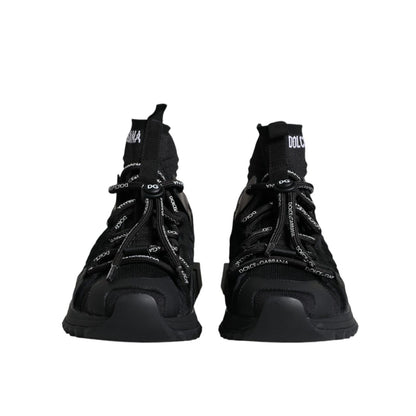 Dolce & Gabbana Black Sorrento Socks Logo Sneakers Shoes; front view of exclusive black sock-style sneakers with lace-up closure and logo details.