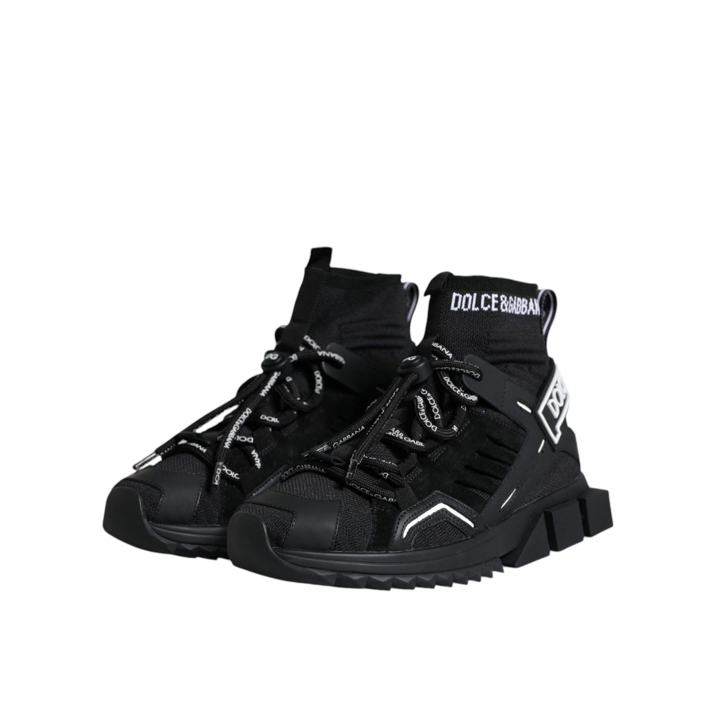Dolce & Gabbana Black Sorrento Socks Logo Sneakers Shoes; luxury sock-style sneakers with logo and rubber sole.