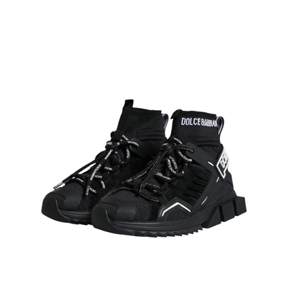 Dolce & Gabbana Black Sorrento Socks Logo Sneakers Shoes; luxury sock-style sneakers with logo and rubber sole.