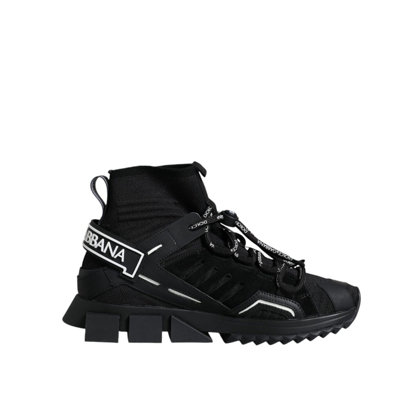Dolce & Gabbana Black Sorrento Socks Logo Sneakers Shoes with lace-up and rubber sole, side view.