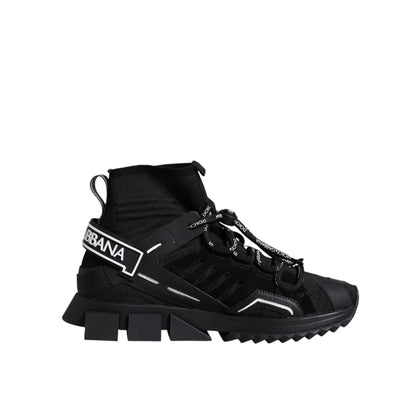 Dolce & Gabbana Black Sorrento Socks Logo Sneakers Shoes with lace-up and rubber sole, side view.