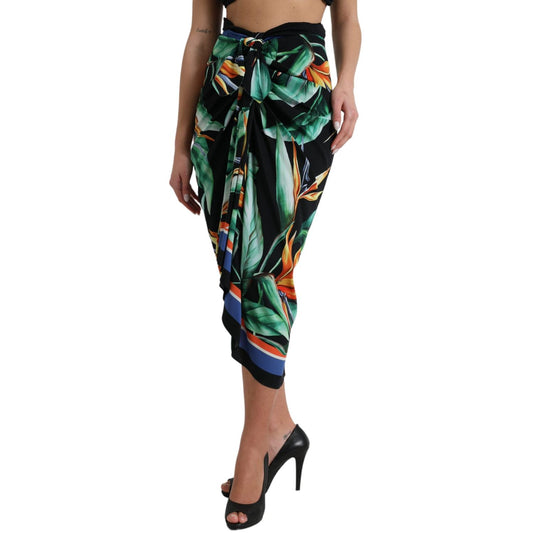 Dolce & Gabbana Black Strelitzia High Waist Wrap Midi Skirt SKI1932-36