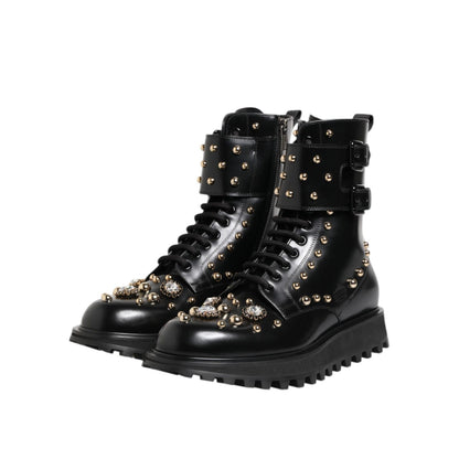 Dolce & Gabbana Black Studded Lace Up Mid Calf Boots Shoes