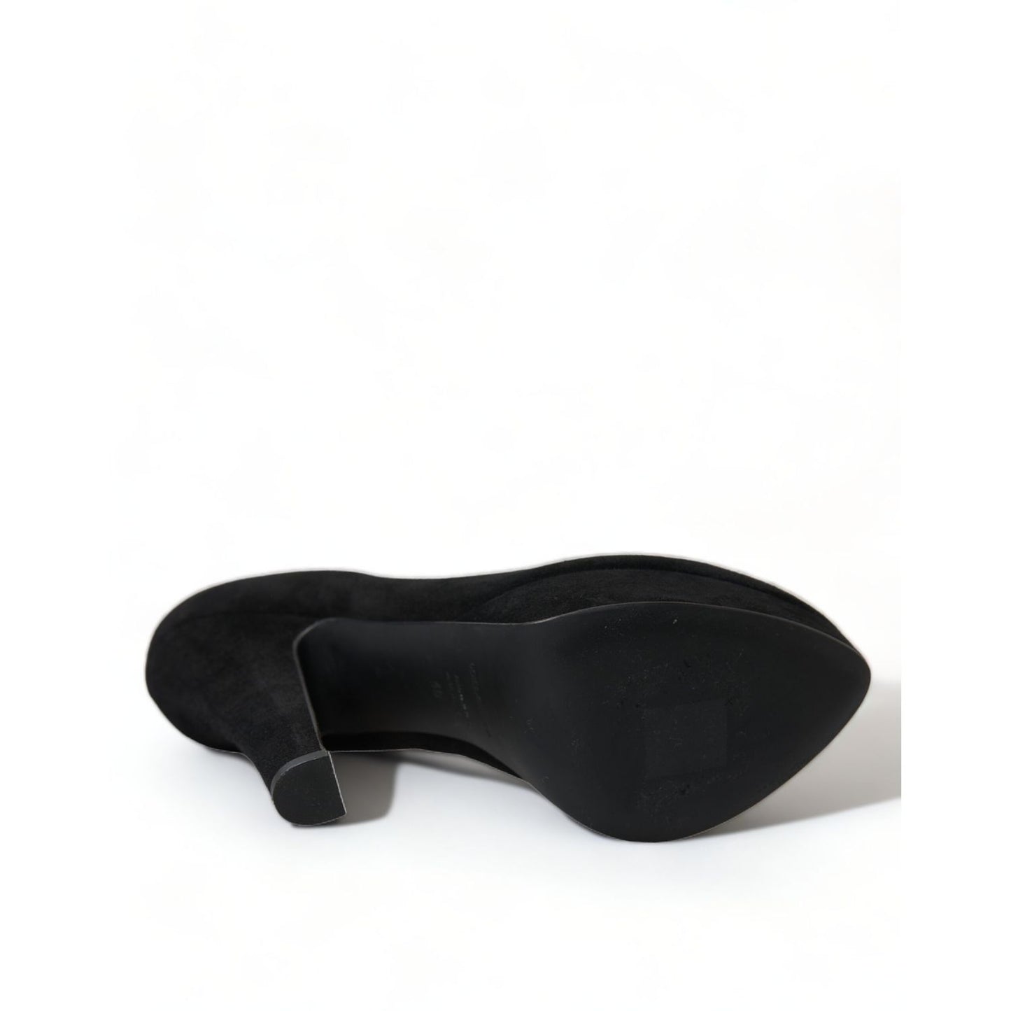 Bottom view of Dolce & Gabbana Black Suede Leather Platform Heel Pumps Shoes, showcasing leather sole and high-quality craftsmanship.