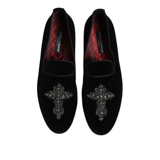 Dolce & Gabbana Black Velvet Crystal Crown Formal Dress Shoes MV7494-45