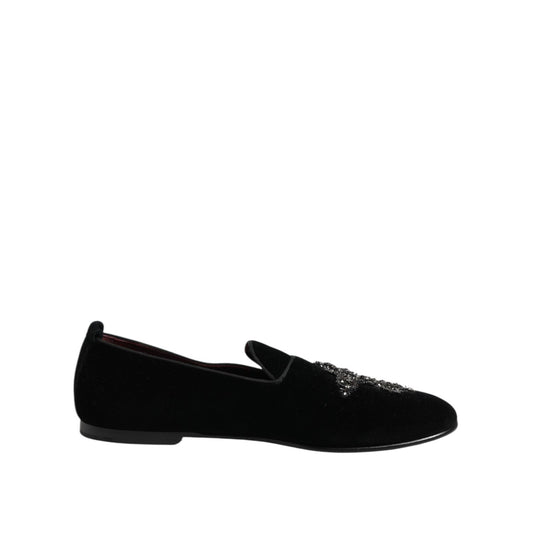 Dolce & Gabbana Black Velvet Crystal Crown Formal Dress Shoes MV7494-45