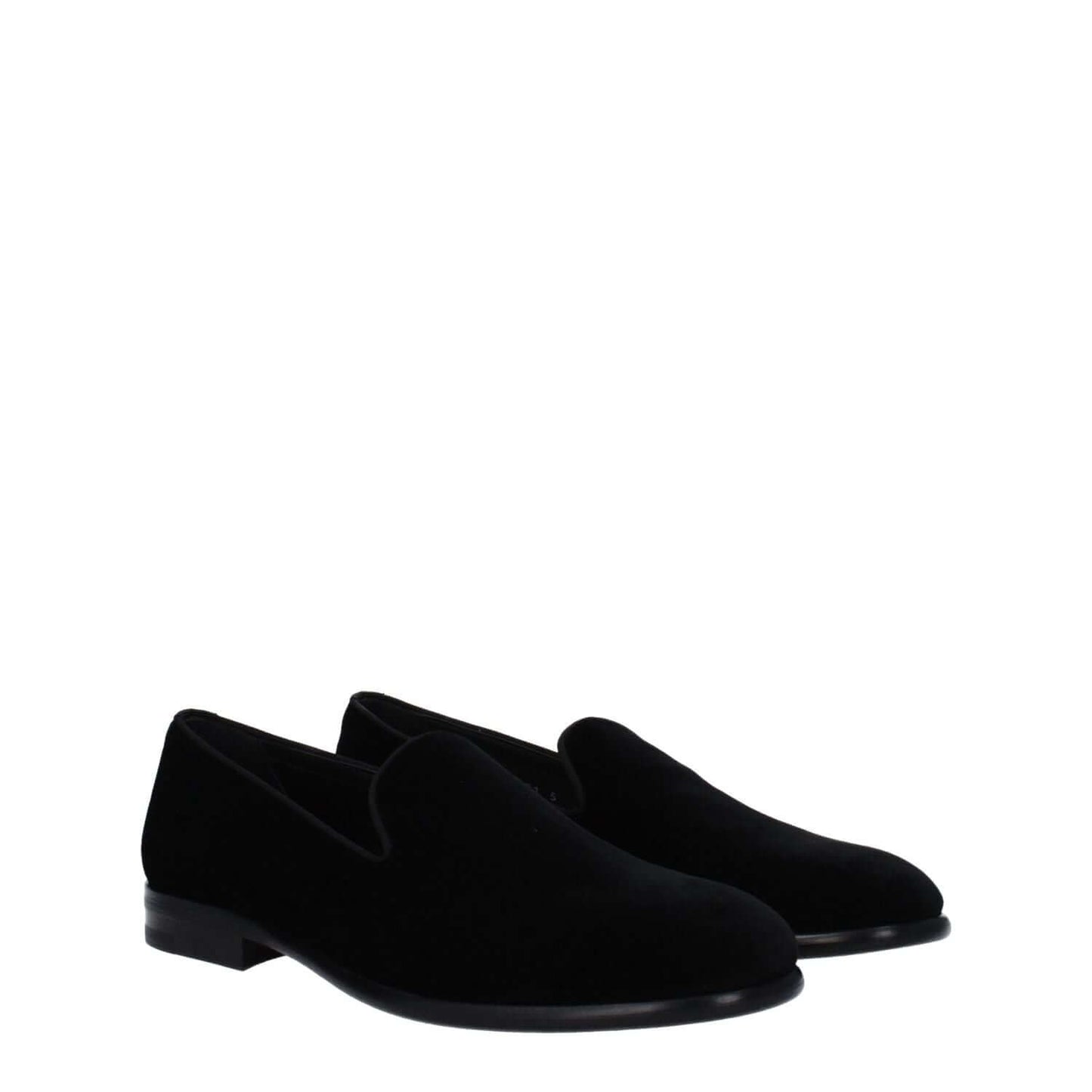 Dolce & Gabbana Black Velvet Slip-On Loafers on white background with leather sole, round toe, stylish and elegant design.
