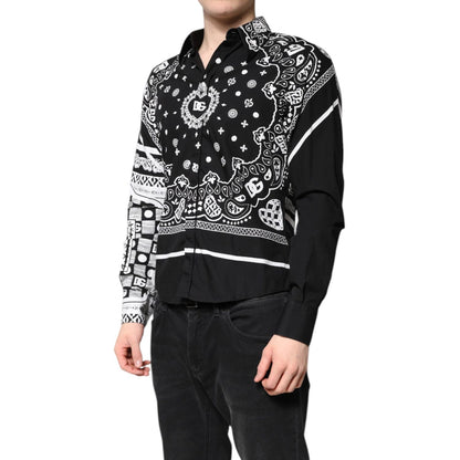 Dolce & Gabbana Black White Bandana MARTINI Casual Shirt, slim fit, 100% cotton, long sleeves, button down, logo details, made in Italy.