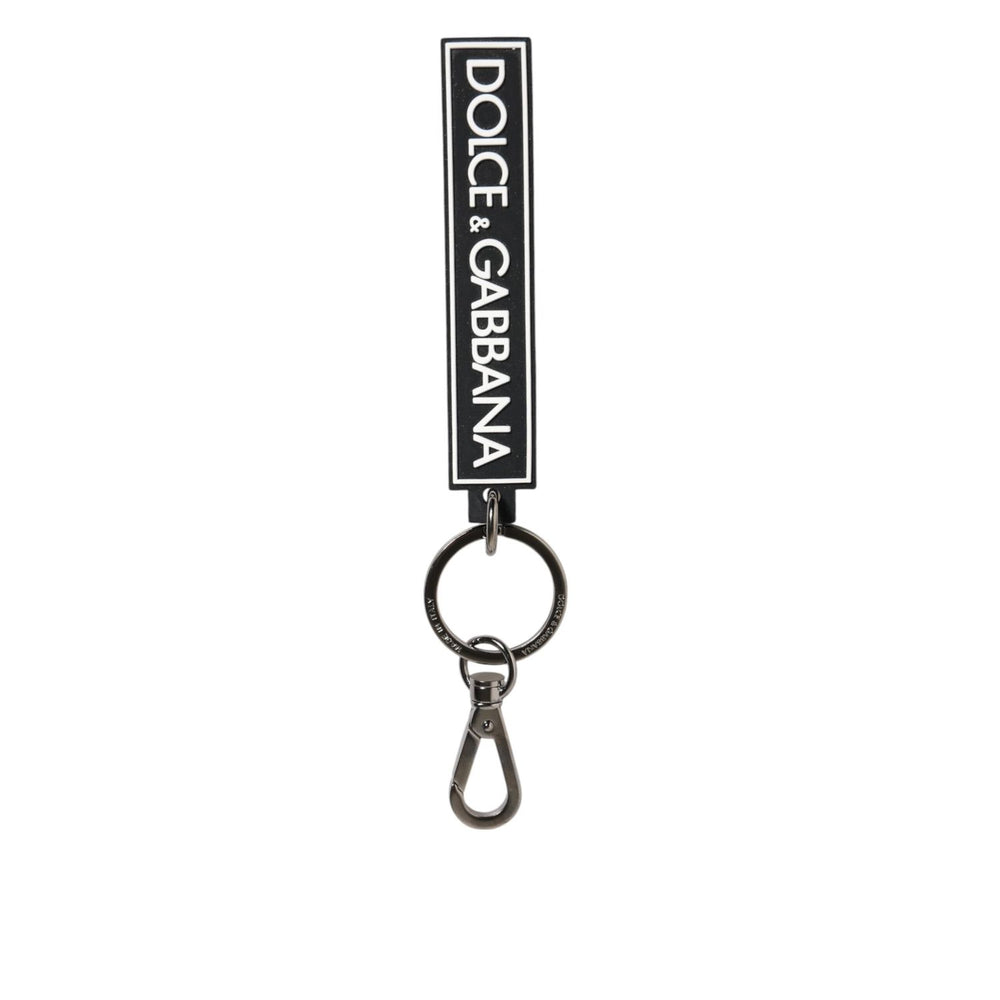 Dolce & Gabbana Black White DG Rubber Logo Silver Men's Holder Keyring with silver brass ring and logo engraving.